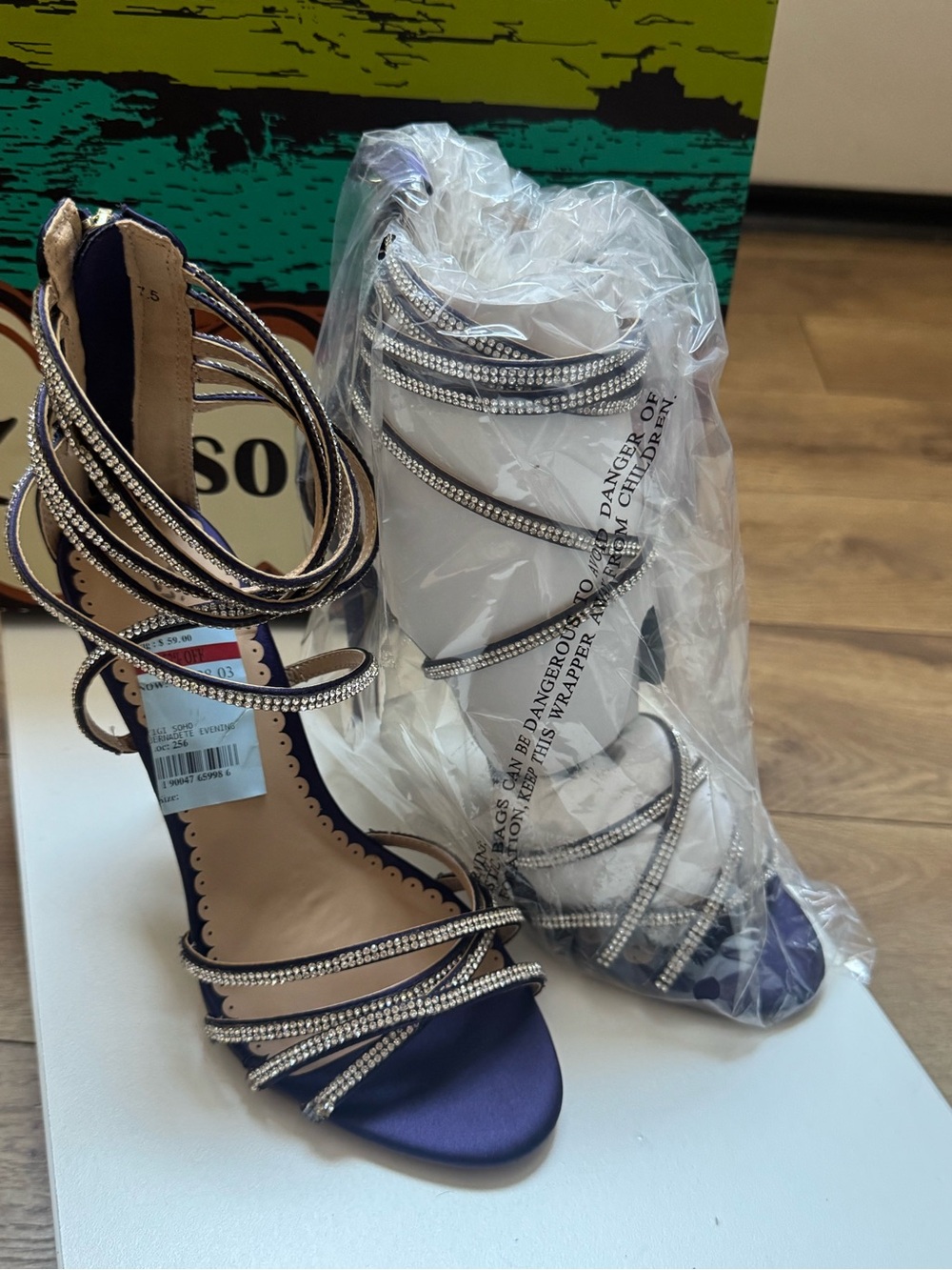 Zigi Soho Navy Satin Strappy Crystal Wrap Heels